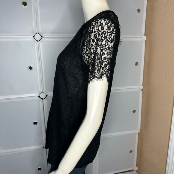 A Pea In The Pod Maternity Black Short Lace Sleeve Linen Blouse Size Small - Picture 3 of 9
